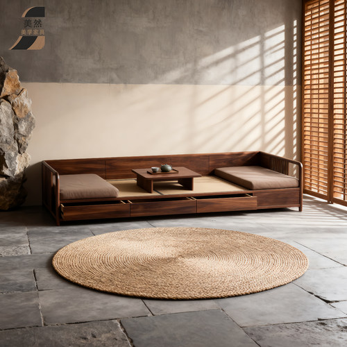 新中式北美黑胡桃木罗汉床客厅储物现代简约禅意直排实木罗汉沙发 - 图3