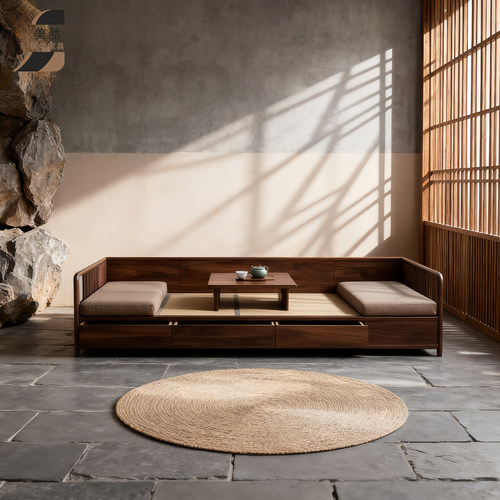 新中式北美黑胡桃木罗汉床客厅储物现代简约禅意直排实木罗汉沙发 - 图0