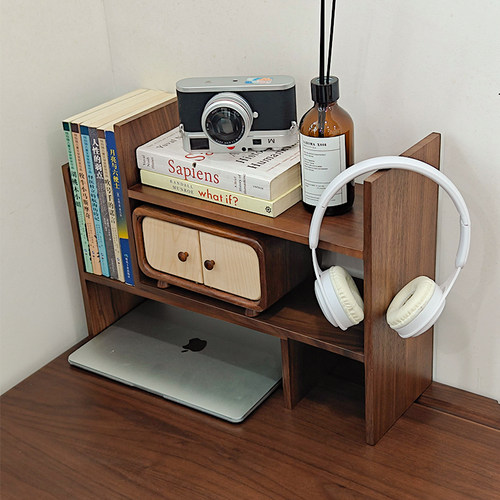 黑胡桃木实木伸缩桌面办公桌置物架小书架书桌桌上办公室收纳架 - 图2