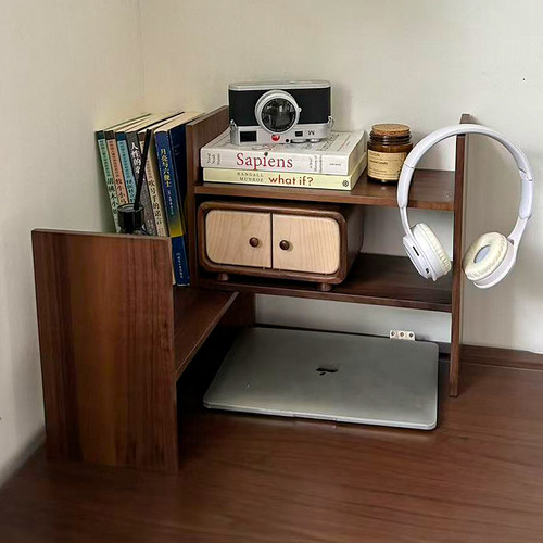 黑胡桃木实木伸缩桌面办公桌置物架小书架书桌桌上办公室收纳架 - 图1