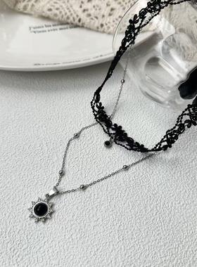 2026轻奢高级感项链黑色系蕾丝叠戴太阳花吊坠项链脖颈链锁骨链配