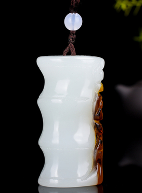 新疆和田羊脂级白玉竹节手把件黄皮黄沁带皮原石竹节把玩件腰挂坠