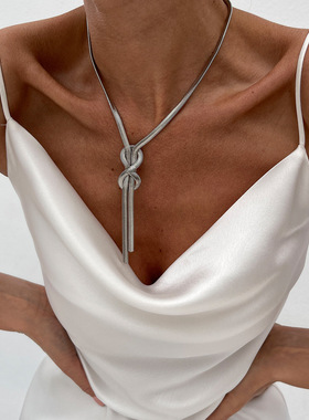 欧美跨境嘻哈金属质感扁蛇骨链条项链 ins冷淡风打结链条锁骨项饰