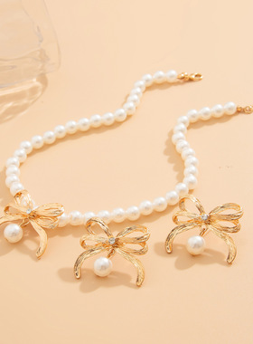 欧美跨境甜酷ins仿珍珠串珠项链套装 轻奢风金属蝴蝶结锁骨链项饰