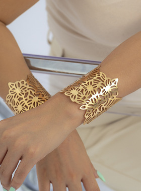 欧美跨境饰品 法式简约设计感开口光面手镯 小众复古镂空树叶手链