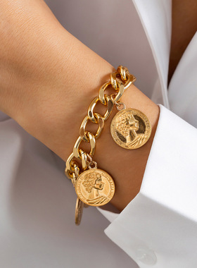 欧美跨境饰品复古双面浮雕头像项链女 几何ins风金属链条项饰