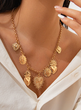 欧美跨境甜酷仿珍珠金属爱心吊坠项链 小众ins镶钻十字架桃心项坠