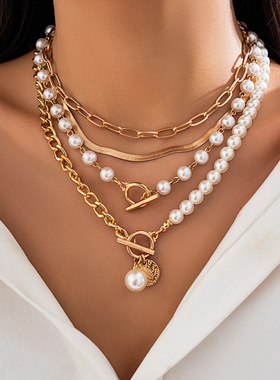 欧美跨境饰品 气质巴洛克异形珍珠项链 创意不规则链条锁骨项饰女