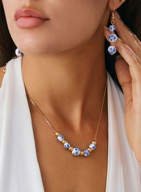 复古中国风青花陶瓷串珠项链套装