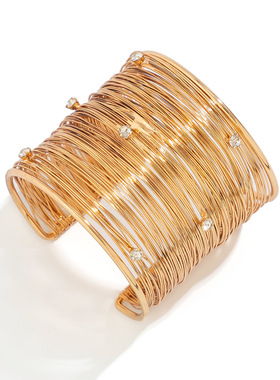 欧美跨境朋克宽面金属铁丝开口手环 时尚几何线条水钻百搭手镯女