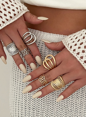 欧美跨境夸张大珍珠金属几何宽面戒指 个性ins线条光面关节戒指环