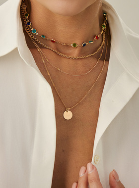 欧美跨境简约ins彩色水晶链条项