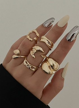 欧美跨境时尚金属液态熔岩开口戒指套装 ins风光面水滴抱抱指环女