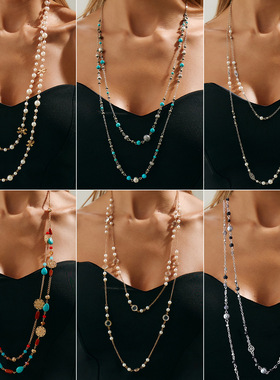 欧美跨境气质仿珍珠叠戴长项链女