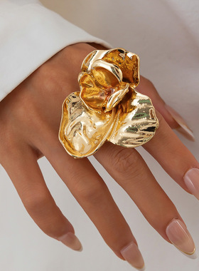 欧美跨境ins风设计感金属立体花朵戒指 个性褶皱花瓣开口指环Ring