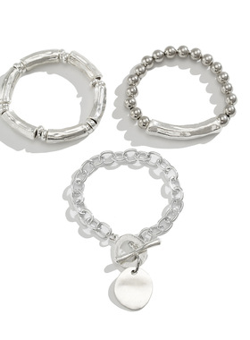 欧美跨境朋克风锁形吊坠手链Bracelet个性金属弯管串珠弹力手饰女