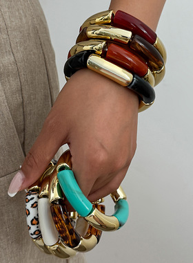 欧美跨境复古晕染树脂竹节弹力手