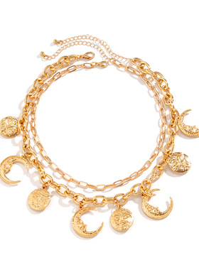 欧美跨境饰品 复古浮雕人像弯月吊坠流苏项链女 个性链条双层项饰