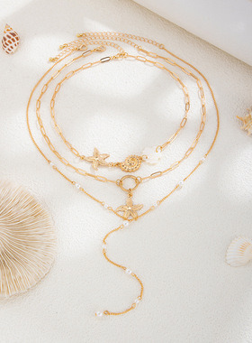 欧美跨境海洋ins风贝壳片海星海螺项链女 时尚仿珍珠碎石链条项饰