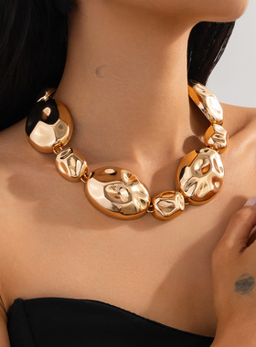 欧美跨境设计感亮面金属褶皱不规则吊坠项链 时尚轻奢ins锁骨项饰