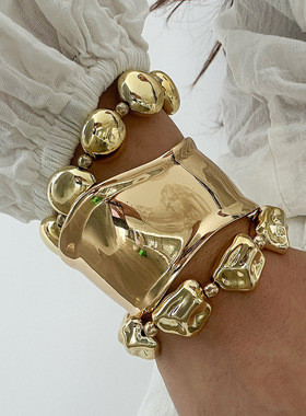 欧美跨境ins夸张光面几何合金宽手镯 个性巴洛克不规则串珠手链女