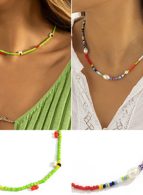 欧美跨境饰品创意撞色米珠串珠项