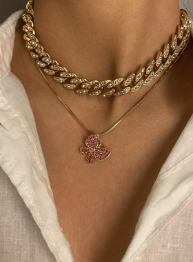 欧美跨境饰品简约镶钻蝴蝶吊坠项