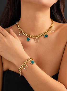 欧美跨境时尚彩色五叶草吊坠项链