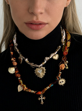 欧美跨境复古丝巾绑带锁骨项链ch