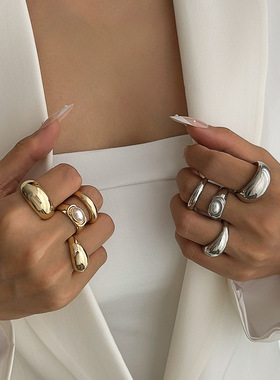 欧美跨境ins风金属光面开口戒指套装女 个性镶仿珍珠叠戴指环手饰