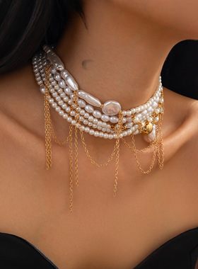 欧美跨境不规则仿珍珠复古项饰金