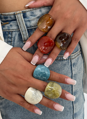 欧美跨境夸张几何凹面晕染树脂戒