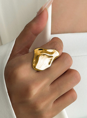 欧美跨境不规则金属褶皱凹凸戒指女 ins风设计感方形压纹开口指环
