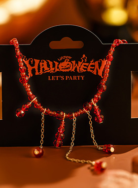 欧美跨境饰品 万圣节滴血水晶流苏项链 哥特风红色串珠锁骨颈链女