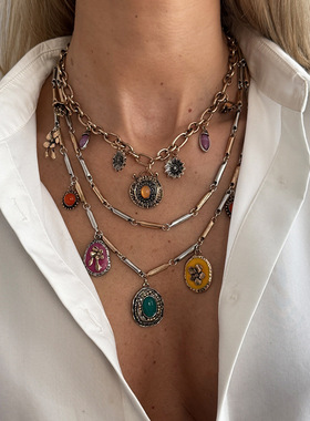 欧美跨境复古轻奢彩色宝石吊坠项