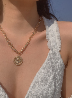 嘻哈复古浮雕女王头像项链女欧美