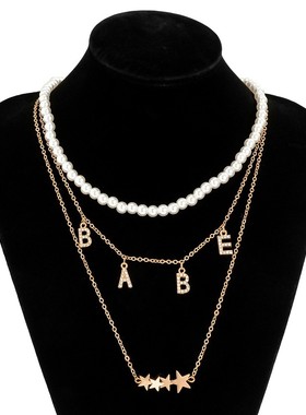 欧美跨境复古叠戴仿珍珠链条项链