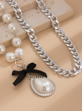 欧美跨境甜酷水滴形仿珍珠蝴蝶结