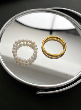 轻奢风潮冷淡风食指素圈珍珠两件套装戒指女钛钢设计时尚个性配饰