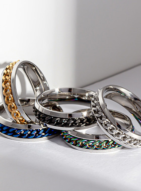 金色不锈钢转动链条情侣钛钢指环