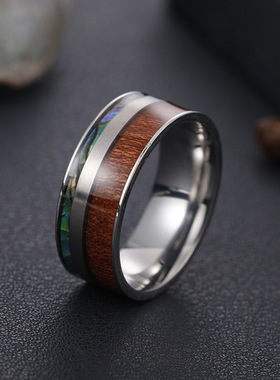 新款指环9MM宽相思木加鲍鱼贝男士钛钢不锈钢钛钢手饰品首饰太钢