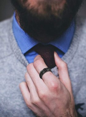 欧美饰品三件套男式不锈钢印章戒指男士解压链环转动戒指黑色套装
