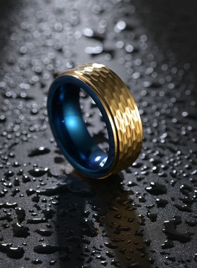 金色合金手饰品捶打纹欧美男士钛钢大号戒指ring扳指首饰手饰品