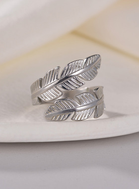 日韩ins希音女款不锈钢钛钢可调节羽毛形状开口钛钢情侣指环太钢