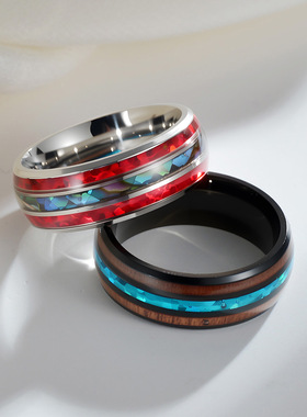 指环新款钛钢手饰品镶嵌相思木ring不锈钢钛钢手饰太钢大号13号