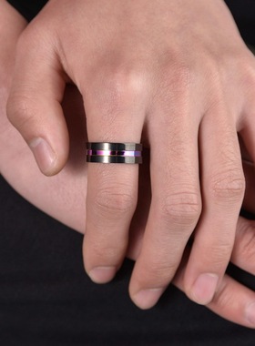 欧美男戒黑间彩钛钢指环大号戒指
