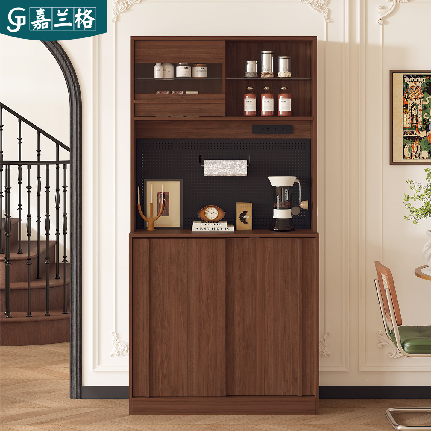 Solid wood sideboard with integrated storage cabinet against the wall