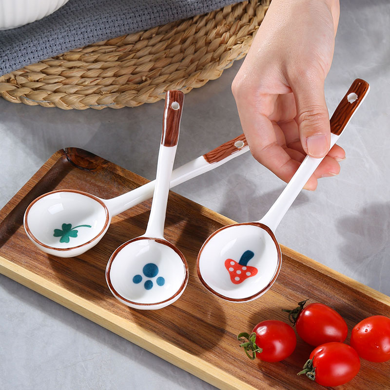 日式高颜值喝汤专用陶瓷勺子家用小汤勺长柄圆头盛汤舀粥调羹勺子 - 图0