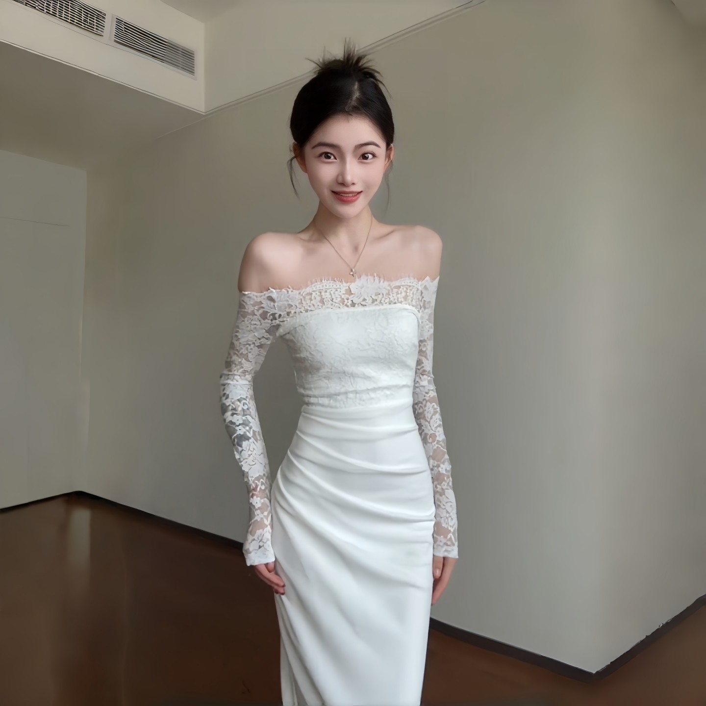 GirlsAt18 性感一字肩蕾丝长袖连衣裙女秋季气质修身白色礼服长裙,淘宝优惠券,粉丝福利购,淘宝优惠卷