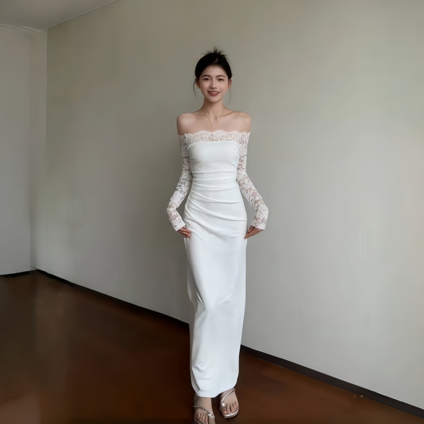 GirlsAt18 性感一字肩蕾丝长袖连衣裙女秋季气质修身白色礼服长裙,淘宝优惠券,粉丝福利购,淘宝优惠卷